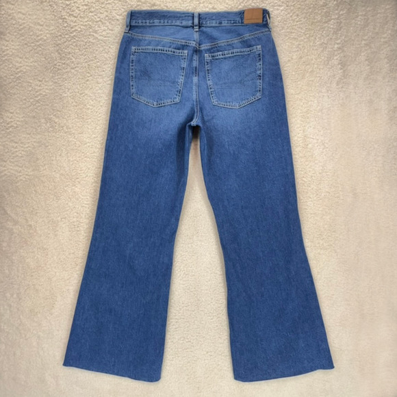 American Eagle Baggy Flare Jeans Women Size 10 Skater Boho Y2K Raw Hem Dark Wash - Picture 2 of 10